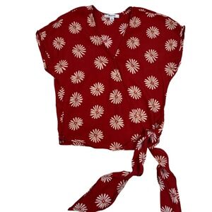 Madewell Red Daisy Boho Floral Wrap Top Short Sleeve V-Neck Side Tie XS